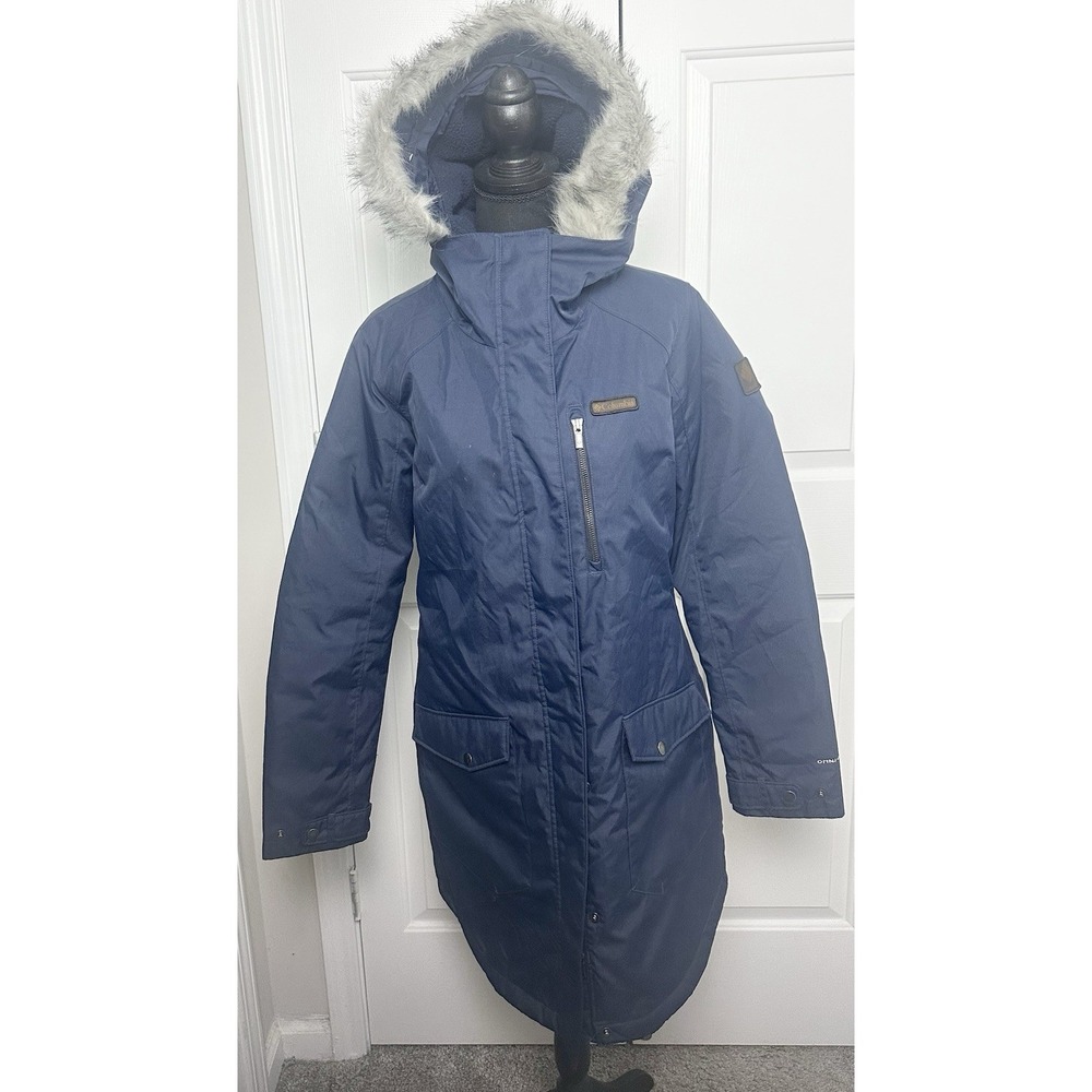 Columbia Suttle Mountain Navy Long Jacket Faux Fur Hood Omni-Heat Navy Blue Sz M